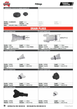 Fittings
72 © Adrad Pty LtdAUSTRALIA TOLL FREE 1800 882 043 NEW ZEALAND TOLL FREE 0800 628 723
Part No. HLCMMOUNTS Length
Material Diameter N/A
Notes INCLUDES 2 SMALL / 2 LARGE MOUNTS
COMMODORE VT/VX/VY/VZ RUBBER MOUNTS KIT
Part No. 035O Length 25mm
Material PLASTIC Diameter 12mm THREAD
Notes SUIT TOYOTA CELICA
PLASTIC DRAIN PLUG
Part No. 041CT Length 19mm
Material PLASTIC Diameter 14mm THREAD
Notes 19mm HEX / 14mm THREAD / O RING Part. 041CU
PLASTIC DRAIN PLUG
Part No. DPP001 Length 26mm
Material PLASTIC Diameter M14 X P2.0
Notes
PLASTIC DRAIN PLUG
Part No. DPP002 Length 17mm
Material PLASTIC Diameter M12 X P1.25
Notes
PLASTIC DRAIN PLUG
Part No. DPP003 Length 14mm
Material PLASTIC Diameter M10 X P1.25
PLASTIC DRAIN PLUG
Part No. DPP004 Length 10mm
Material PLASTIC Diameter M10 X P1.25
PLASTIC DRAIN PLUG
Part No. DPP005 Length 29mm
Material PLASTIC Diameter M14 X P1.25
PLASTIC DRAIN PLUG
Part No. DPP006 Length 13mm
Material PLASTIC Diameter M12 X P1.25
PLASTIC DRAIN PLUG
DRAIN PLUGS
Part No. Length
Material Diameter
Notes
 