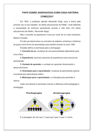 PAPO SOBRE ANDRAGOGIA:COMO ESSA HISTÓRIA
COMEÇOU?
Em 1833, o professor alemão Alexander Kapp usou o termo pela
primeira vez no seu trabalho “as idéias educacionais de Platão”, onde defendia
a necessidade de continuar aprendendo durante a vida toda (“As idéias
educacionais de Platão”, Alexander Kapp).
Mas o conceito se popularizou muito por conta de um outro estudioso,
Malcom knowles.
Foi ele que desenvolveu os conceitos de palestra, workshop e dinâmica
de grupo como forma de aprendizado para adultos durante os anos 1950.
Knowles definiu 5 premissas para a andragogia:
1. Conceito do eu: mudança de uma personalidade dependente para
uma crítica.
2. Experiência: acumulo crescente de experiência como recurso de
aprendizado.
3. Vontade de aprender: a vontade em aprender direcionando o
desenvolvimento.
4. Orientação para o aprendizado: mudança de aprendizado apenas
conceitual para aprendizado prático.
5. Motivação para o aprendizado: a motivação para aprender é
interna.
Cada uma dessas 5 premissas marcam a diferença entre pedagogia e
andragogia.
É a passagem de “por que” e “para que” para “o que” e “como.
 