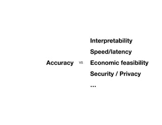Accuracy
Interpretability
Speed/latency
Economic feasibility
Security / Privacy
…
VS
 