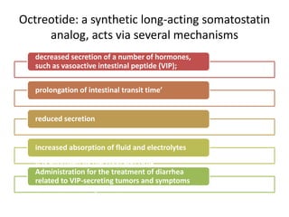 Octreotide: a synthetic long-acting somatostatin
analog, acts via several mechanisms
decreased secretion of a number of hormones,
such as vasoactive intestinal peptide (VIP);
prolongation of intestinal transit time’
reduced secretion
increased absorption of fluid and electrolytes
It is approved by the Food and Drug
Administration for the treatment of diarrhea
related to VIP-secreting tumors and symptoms
due to carcinoid syndrome.
 