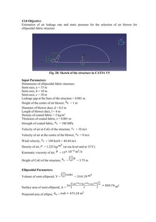 13.0 Objective:
Estimation of air leakage rate and static pressure for the selection of air blower for
ellipsoidal fabric structure
Fig. 28: Sketch of the structure in CATIA V5
Input Parameters:
Dimensions of ellipsoidal fabric structure:
Semi-axis, a = 15 m
Semi-axis, b = 10 m
Semi-axis, c = 10 m
Leakage gap at the base of the structure = 0.001 m
Height of the centre of air blower, = 1 m
Diameter of blower duct, d = 0.5 m
Length of blower duct, l = 4 m
Density of coated fabric = 2 kg/m2
Thickness of coated fabric, t = 0.001 m
Strength of coated fabric, = 100 MPa
Velocity of air at CoG of the structure, = 10 m/s
Velocity of air at the centre of the blower, = 0 m/s
Wind velocity, = 160 km/h = 44.44 m/s
Density of air, = 1.225 kg/ (at sea level and at 15°C)
Kinematic viscosity of air, = 15
Height of CoG of the structure, = = 3.75 m
Ellipsoidal Parameters:
Volume of semi-ellipsoid, V = = 3141.59
Surface area of semi-ellipsoid, A =
Projected area of ellipse, =
 