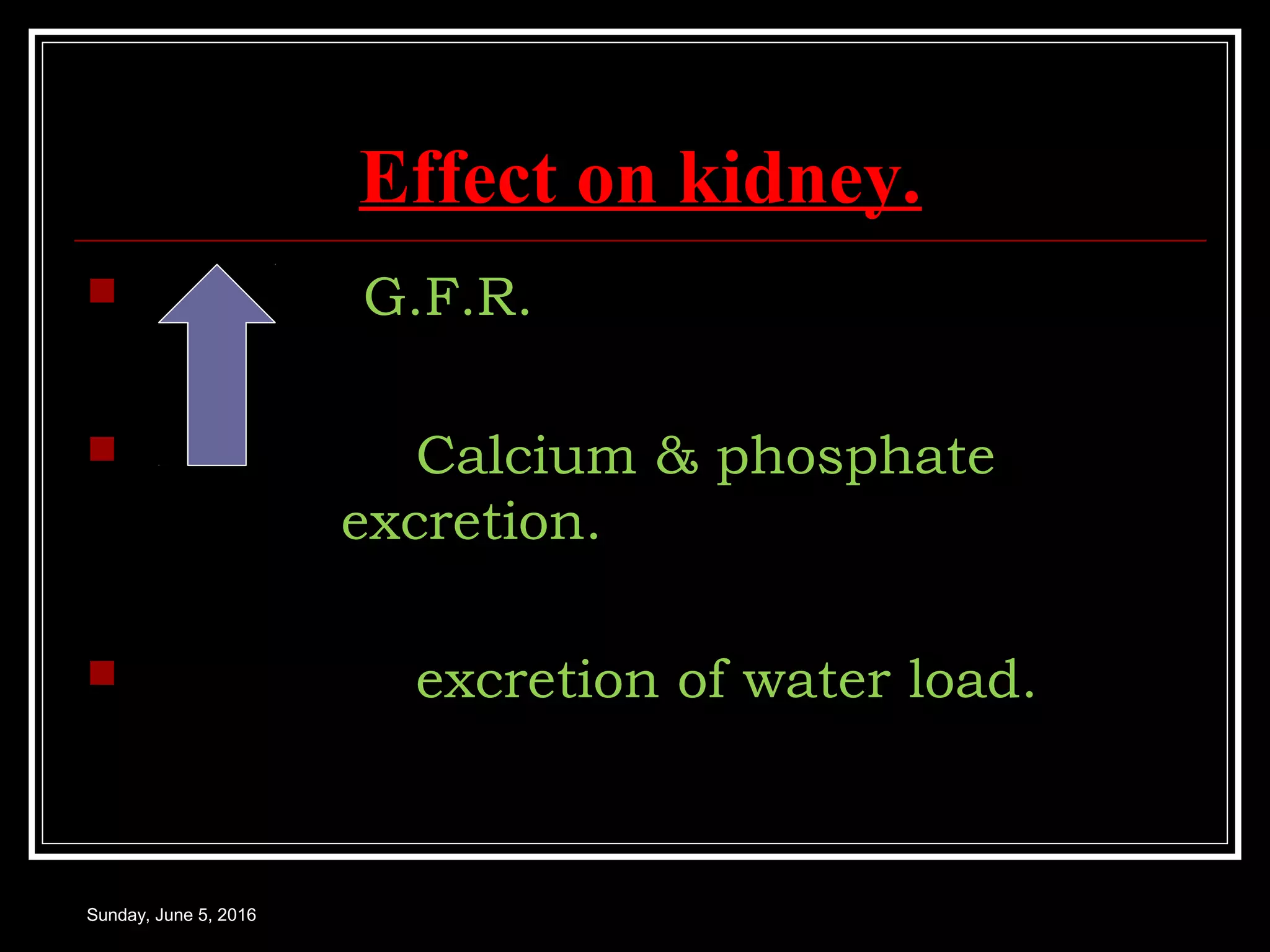 Effect on kidney.
 G.F.R.
 Calcium & phosphate
excretion.
 excretion of water load.
Sunday, June 5, 2016
 
