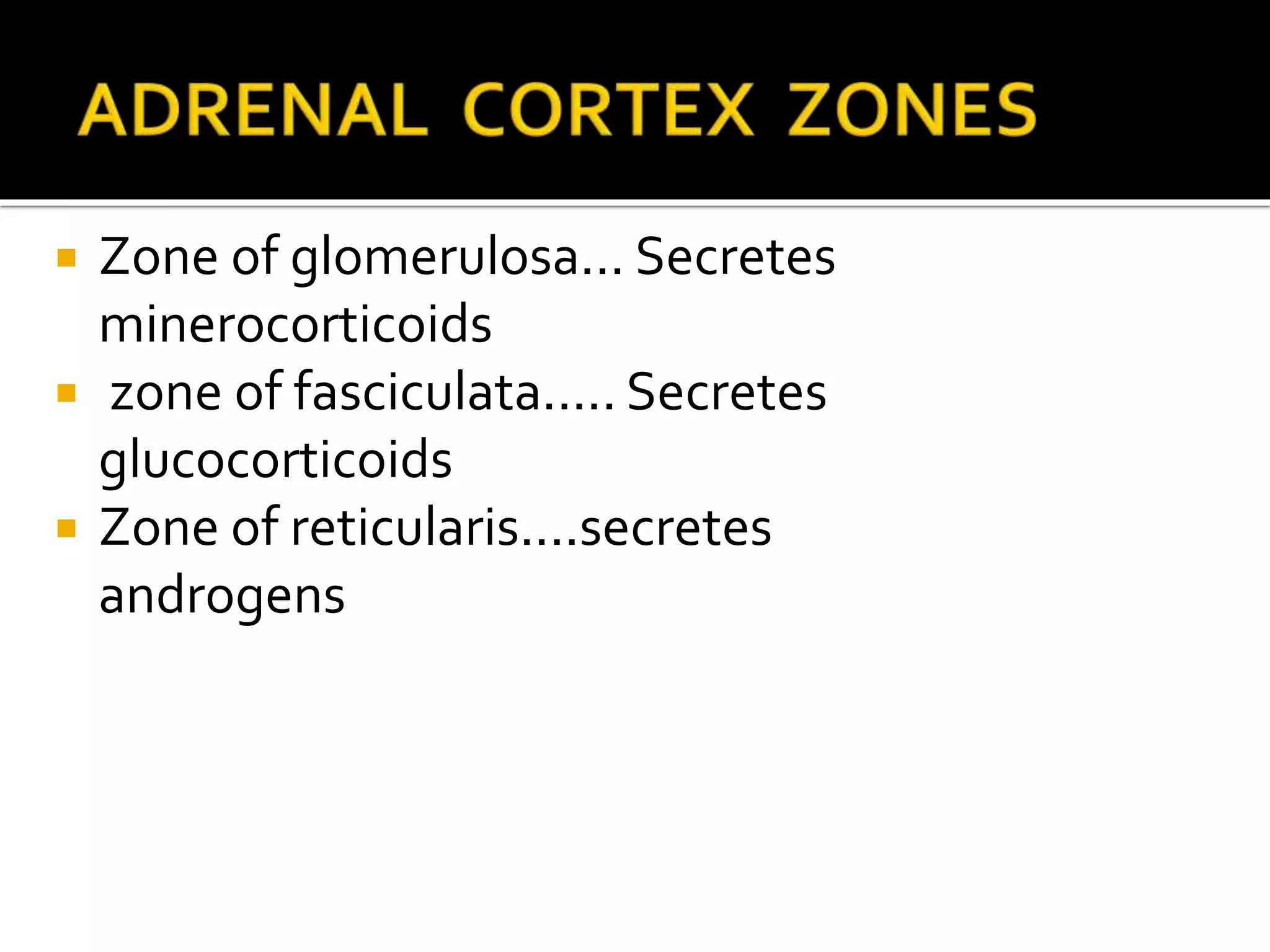  Zone of glomerulosa... Secretes
minerocorticoids
 zone of fasciculata..... Secretes
glucocorticoids
 Zone of reticularis....secretes
androgens
 