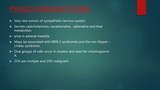 PHAEOCHROMOCYTOMA
 Very rare tumors of sympathetic nervous system.
 Secrete catecholamines, noradrenaline , adrenaline and their
metabolites
 arise in adrenal medulla
 Maye be associated with MEN 2 syndromes and the von Hippel –
Lindau syndrome.
 Oval groups of cells occur in clusters and stain for chromogranin
A.
 25% are multiple and 10% malignant
 