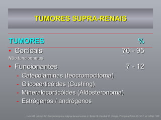TUMORES SUPRA-RENAIS TUMORES % Corticais  70 - 95 Não funcionantes Funcionantes  7 - 12 Catecolaminas (feocromocitoma) Glicocorticóides (Cushing) Mineralocorticóides (Aldosteronoma) Estrógenos / andrógenos Lucon AM, Latronico AC. Doenças benignas e malignas das supra-renais. In: Barata HS, Carvalhal GF. Urologia - Princípios e Prática. Pp. 581-7, ed. ArtMed. 1999 