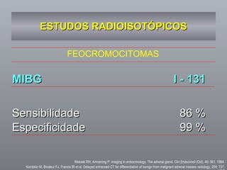 ESTUDOS RADIOISOTÓPICOS ,[object Object],[object Object],[object Object],Resnek RH, Armstrong P. imaging in endocrinology. The adrenal gland. Clin Endocrinol (Oxf), 40: 561, 1994. Korobkin M, Brodeur FJ, Francis IR et al.  Delayed enhanced CT for differentiation of benign from malignant adrenal masses radiology, 200: 737, 1996 FEOCROMOCITOMAS 