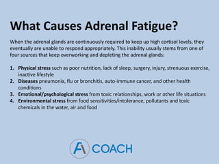 What Causes Adrenal Fatigue?
When the adrenal glands are continuously required to keep up high cortisol levels, they
eventually are unable to respond appropriately. This inability usually stems from one of
four sources that keep overworking and depleting the adrenal glands:
1. Physical stress such as poor nutrition, lack of sleep, surgery, injury, strenuous exercise,
inactive lifestyle
2. Diseases pneumonia, flu or bronchitis, auto-immune cancer, and other health
conditions
3. Emotional/psychological stress from toxic relationships, work or other life situations
4. Environmental stress from food sensitivities/intolerance, pollutants and toxic
chemicals in the water, air and food
 