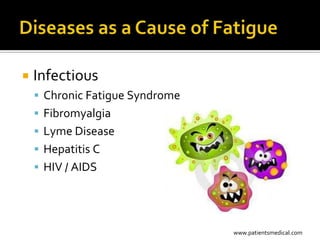    Infectious
     Chronic Fatigue Syndrome
     Fibromyalgia
     Lyme Disease
     Hepatitis C
     HIV / AIDS




                                 www.patientsmedical.com
 