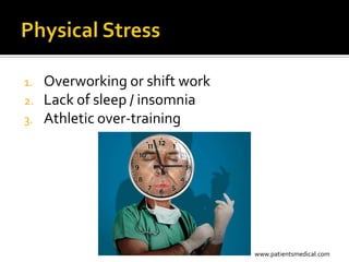 1.   Overworking or shift work
2.   Lack of sleep / insomnia
3.   Athletic over-training




                                 www.patientsmedical.com
 