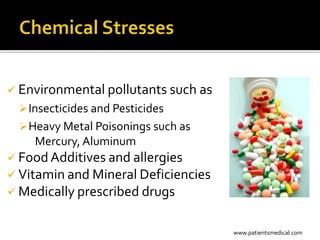  Environmental pollutants such as
   Insecticides and Pesticides
   Heavy Metal Poisonings such as
     Mercury, Aluminum
 Food Additives and allergies
 Vitamin and Mineral Deficiencies
 Medically prescribed drugs


                                     www.patientsmedical.com
 