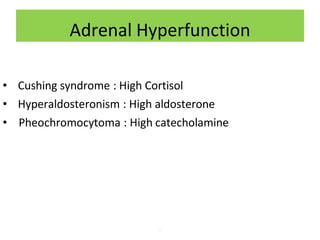 Adrenal Hyperfunction
• Cushing syndrome : High Cortisol
• Hyperaldosteronism : High aldosterone
• Pheochromocytoma : High catecholamine
.
 