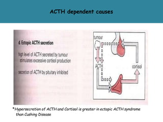 ACTH dependent causes
*Hypersecretion of ACTH and Cortisol is greater in ectopic ACTH syndrome
than Cushing Disease
 