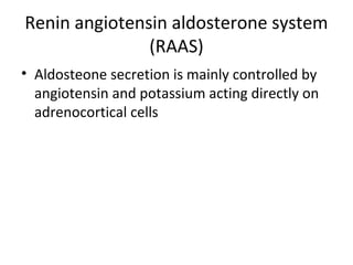 Renin angiotensin aldosterone system
(RAAS)
• Aldosteone secretion is mainly controlled by
angiotensin and potassium acting directly on
adrenocortical cells
 