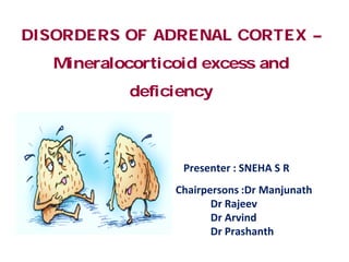 DISORDERS OF ADRENAL CORTEX –
Mineralocorticoid excess and
deficiency
Presenter : SNEHA S R
Chairpersons :Dr Manjunath
Dr Rajeev
Dr Arvind
Dr Prashanth
 