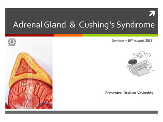 
Adrenal Gland & Cushing's Syndrome
Presenter: Dr.Arun Vasireddy
Seminar – 10th August 2015
 