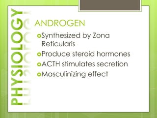 ANDROGEN
Synthesized   by Zona
 Reticularis
Produce steroid hormones
ACTH stimulates secretion
Masculinizing effect
 