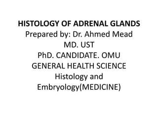 HISTOLOGY OF ADRENAL GLANDS
Prepared by: Dr. Ahmed Mead
MD. UST
PhD. CANDIDATE. OMU
GENERAL HEALTH SCIENCE
Histology and
Embryology(MEDICINE)
 