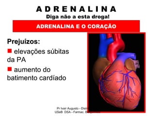 A D R E N A L I N A    Diga não a esta droga! Prejuízos: elevações súbitas da PA aumento do batimento cardíado ADRENALINA E O CORAÇÃO Pr Ivair Augusto - Distrital ARF USeB  DSA - Farmac. Bioquímico 