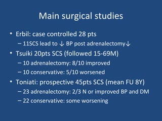 Main surgical studies
• Erbil: case controlled 28 pts
– 11SCS lead to ↓ BP post adrenalectomy↓

• Tsuiki 20pts SCS (followed 15-69M)
– 10 adrenalectomy: 8/10 improved
– 10 conservative: 5/10 worsened

• Toniati: prospective 45pts SCS (mean FU 8Y)
– 23 adrenalectomy: 2/3 N or improved BP and DM
– 22 conservative: some worsening

 