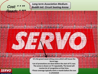 Long term Association Medium-
Cost: * * **   Buddh Intl. Circuit Seating Arena
Reach: * ***




                •It’s the grand stand sitting arena which will house the
                                         Servo logo.
               •Lot of promotions are done before the start of F1 race.
                 The arena is shown on TV repeatedly. The brand will
                          receive lot of recognition at that time.
               •Those coverage typically starts a month before the race
                                        is scheduled
 