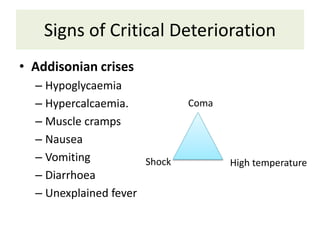 Signs of Critical Deterioration
• Addisonian crises
– Hypoglycaemia
– Hypercalcaemia.
– Muscle cramps
– Nausea
– Vomiting
– Diarrhoea
– Unexplained fever
High temperatureShock
Coma
 