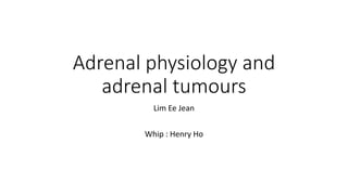 Adrenal physiology and
adrenal tumours
Lim Ee Jean
Whip : Henry Ho
 