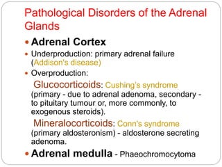 Pathological Disorders of the Adrenal
Glands
 Adrenal Cortex
 Underproduction: primary adrenal failure
(Addison's disease)
 Overproduction:
Glucocorticoids: Cushing’s syndrome
(primary - due to adrenal adenoma, secondary -
to pituitary tumour or, more commonly, to
exogenous steroids).
Mineralocorticoids: Conn's syndrome
(primary aldosteronism) - aldosterone secreting
adenoma.
 Adrenal medulla - Phaeochromocytoma
 
