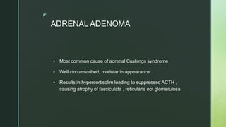 z
ADRENAL ADENOMA
 Most common cause of adrenal Cushings syndrome
 Well circumscribed, modular in appearance
 Results in hypercortisolim leading to suppressed ACTH ,
causing atrophy of fasciculata , reticularis not glomerulosa
 