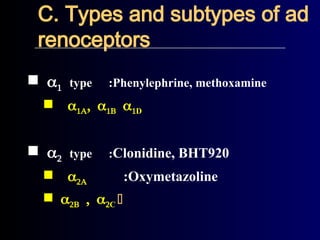  type :Phenylephrine, methoxamine
D
 type :Clonidine, BHT920
 :Oxymetazoline
C 
C. Types and subtypes of ad
renoceptors
 