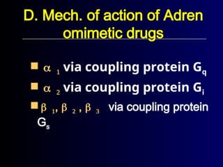 D. Mech. of action of Adren
omimetic drugs
 via coupling protein Gq
 via coupling protein Gi
 ,  ,  via coupling protein
Gs
 