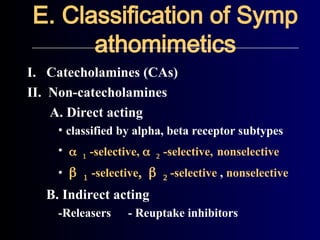 I. Catecholamines (CAs)
II. Non-catecholamines
A. Direct acting
• classified by alpha, beta receptor subtypes
• -selective, -selective, nonselective
• -selective -selective , nonselective
B. Indirect acting
-Releasers - Reuptake inhibitors
E. Classification of Symp
athomimetics
 