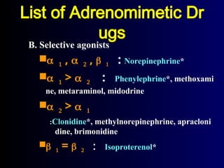 List of Adrenomimetic Dr
ugs
B. Selective agonists
 ,  ,  : Norepinephrine*
 >  : Phenylephrine*, methoxami
ne, metaraminol, midodrine
 > 
:Clonidine*, methylnorepinephrine, apracloni
dine, brimonidine
 =  : Isoproterenol*
 