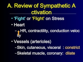 A. Review of Sympathetic A
ctivation
• ‘Fight’ or ‘Flight’ on Stress
• Heart
– HR, contractility, conduction veloc
ity
• Vessels (arterioles)
–Skin, cutaneous, visceral : constrict
–Skeletal muscle, coronary: dilate
 