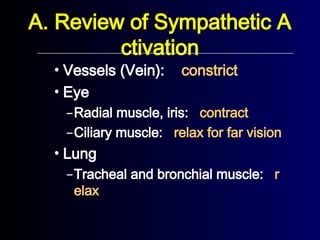 A. Review of Sympathetic A
ctivation
• Vessels (Vein): constrict
• Eye
–Radial muscle, iris: contract
–Ciliary muscle: relax for far vision
• Lung
–Tracheal and bronchial muscle: r
elax
 