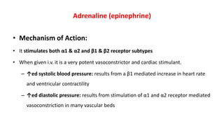 Adrenaline (epinephrine)
• Mechanism of Action:
• It stimulates both α1 & α2 and β1 & β2 receptor subtypes
• When given i.v. it is a very potent vasoconstrictor and cardiac stimulant.
– ↑ed systolic blood pressure: results from a β1 mediated increase in heart rate
and ventricular contractility
– ↑ed diastolic pressure: results from stimulation of α1 and α2 receptor mediated
vasoconstriction in many vascular beds
 
