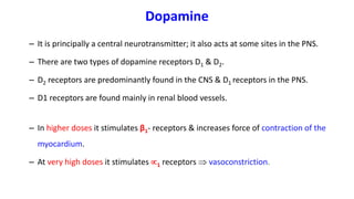 Dopamine
– It is principally a central neurotransmitter; it also acts at some sites in the PNS.
– There are two types of dopamine receptors D1 & D2.
– D2 receptors are predominantly found in the CNS & D1 receptors in the PNS.
– D1 receptors are found mainly in renal blood vessels.
– In higher doses it stimulates β1- receptors & increases force of contraction of the
myocardium.
– At very high doses it stimulates 1 receptors  vasoconstriction.
 