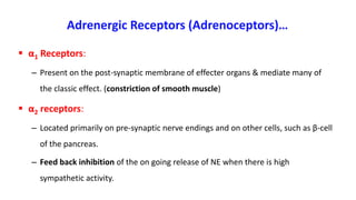 Adrenergic Receptors (Adrenoceptors)…
 α1 Receptors:
– Present on the post-synaptic membrane of effecter organs & mediate many of
the classic effect. (constriction of smooth muscle)
 α2 receptors:
– Located primarily on pre-synaptic nerve endings and on other cells, such as β-cell
of the pancreas.
– Feed back inhibition of the on going release of NE when there is high
sympathetic activity.
 