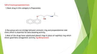 SAR of Aryloxypropanolamines:
1.Basic drug in this category is Propranolol.
2.Oxy group acts as a bridge between aromatic ring and propanolamine side
chain,which is essential for beta blocking activity.
3.Most of the drugs have substituted phenyl rings in place of naphthyl ring which
shows good beta antagonistic activity. Eg:Metipranolol
 