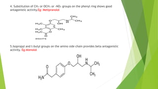4. Substitution of CH₃ or OCH₃ or -NO₂ groups on the phenyl ring shows good
antagonistic activity.Eg: Metipranolol
5.Isopropyl and t-butyl groups on the amino side chain provides beta antagonistic
activity. Eg:Atenolol
 