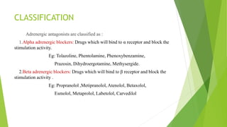 CLASSIFICATION
Adrenergic antagonists are classified as :
1.Alpha adrenergic blockers: Drugs which will bind to α receptor and block the
stimulation activity.
Eg: Tolazoline, Phentolamine, Phenoxybenzamine,
Prazosin, Dihydroergotamine, Methysergide.
2.Beta adrenergic blockers: Drugs which will bind to β receptor and block the
stimulation activity .
Eg: Propranolol ,Metipranolol, Atenolol, Betaxolol,
Esmolol, Metaprolol, Labetolol, Carvedilol
 