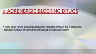 α ADRENERGIC BLOCKING DRUGS
•These drugs inhibit adrenergic responses mediated through the α adrenergic
receptors without effecting those mediated through β receptors.
 