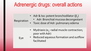 Adrenergic drugs: overall actions
Respiration
• Adr & Iso: potent bronchodilator (β2)
• Adr: Bronchial mucosa decongestant
• Toxic dose of Adr: pulmonary edema
Eye
• Mydriasis (α1: radial muscle contraction;
poor with Adr)
• Reduced aqueous formation and outflow
facilitated
 