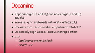 Dopamine
■ Dopaminergic (D1 and D2) and adrenergic (α and β1)
agonist
■ Increases g.f.r. and exerts natriuretic effects (D1)
■ Normal doses: raises cardiac output and systolic BP
■ Moderately High Doses: Positive inotropic effect
■ Uses
– Cardiogenic or septic shock
– Severe CHF
 
