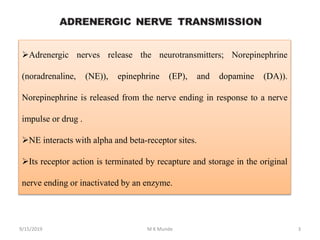 Adrenergic nerves release the neurotransmitters; Norepinephrine
(noradrenaline, (NE)), epinephrine (EP), and dopamine (DA)).
Norepinephrine is released from the nerve ending in response to a nerve
impulse or drug .
NE interacts with alpha and beta-receptor sites.
Its receptor action is terminated by recapture and storage in the original
nerve ending or inactivated by an enzyme.
9/15/2019 3M K Munde
 