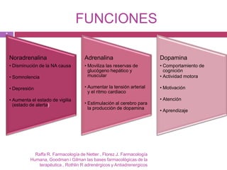FUNCIONES
7




    Noradrenalina                        Adrenalina                         Dopamina
    • Disminución de la NA causa         • Moviliza las reservas de         • Comportamiento de
                                           glucógeno hepático y               cognición
    • Somnolencia                          muscular                         • Actividad motora

    • Depresión                          • Aumentar la tensión arterial     • Motivación
                                           y el ritmo cardiaco
    • Aumenta el estado de vigilia                                          • Atención
      (estado de alerta)                 • Estimulación al cerebro para
                                           la producción de dopamina
                                                                            • Aprendizaje




                Raffa R. Farmacología de Netter , Florez J. Farmacología
              Humana, Goodman i Gilman las bases farmacológicas de la
                  terapéutica , Rothlin R adrenérgicos y Antiadrenergicos
 