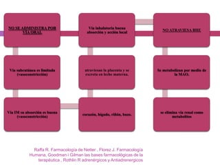 NO SE ADMINISTRA POR                    Vía inhalatoria buena
                                                                            NO ATRAVIESA BHE
8        VÍA ORAL                        absorción y acción local




 Vía subcutánea es limitada             atraviesan la placenta y se       Se metabolizan por medio de
     (vasoconstricción)                 excreta en leche materna.                  la MAO.




Vía IM su absorción es buena                                               se elimina vía renal como
                                       corazón, hígado, riñón, bazo.
     (vasoconstricción)                                                           metabolitos




              Raffa R. Farmacología de Netter , Florez J. Farmacología
            Humana, Goodman i Gilman las bases farmacológicas de la
                terapéutica , Rothlin R adrenérgicos y Antiadrenergicos
 