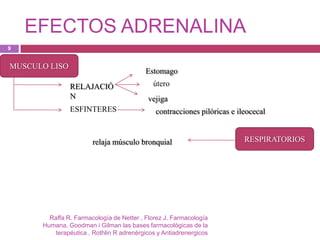 EFECTOS ADRENALINA
9


MUSCULO LISO
                                          Estomago
               RELAJACIÓ                     útero
               N                           vejiga
               ESFINTERES                     contracciones pilóricas e ileocecal


                       relaja músculo bronquial                           RESPIRATORIOS




        Raffa R. Farmacología de Netter , Florez J. Farmacología
      Humana, Goodman i Gilman las bases farmacológicas de la
          terapéutica , Rothlin R adrenérgicos y Antiadrenergicos
 