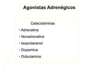 Agonistas Adrenégicos
Catecolaminas
• Adrenalina
• Noradrenalina
• Isoproterenol
• Dopamina
• Dobutamina
 