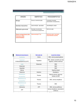 15/04/2014
15
ORGÃO SIMPÁTICO PARASSIMPÁTICO
Bexiga Pouca ou nenhuma ação. Contração da parede
promovendo o esvaziamento.
Genitais masculinos Vasoconstrição; ejaculação. Vasodilatação; ereção.
Glândula supra-renal Secreção de adrenalina
( através fibras pré-ganglionares)
Nenhuma ação.
Vasos sanguíneos dos
troncos e das
extremidades
Vasoconstrição***(α) Nenhuma ação; inervação
possivelmente ausente.
Molécula transmissora Derivada de Local de síntese
Acetilcolina Colina SNC, nervos parasimpáticos
Serotonina
5-Hidroxitriptamina (5-HT)
Triptofano
SNC, células cromafins do trato
digestivo, células entéricas
GABA Glutamato SNC
Glutamato SNC
Aspartato SNC
Glicina Espinha dorsal
Histamina Histidina Hipotálamo
Metabolismo
da epinefrina
Tirosine
Medula adrenal, algumas
células do SNC
Metabolismo da
norepinefrina
Tirosina SNC, nervos simpáticos
Metablolismo da
dopamina
Tirosina SNC
Adenosina ATP SNC, nervos periféricos
ATP
nervos simpáticos, sensoriais e
entéricos
Óxido nítrico, NO Arginina SNC, trato gastrointestinal
 