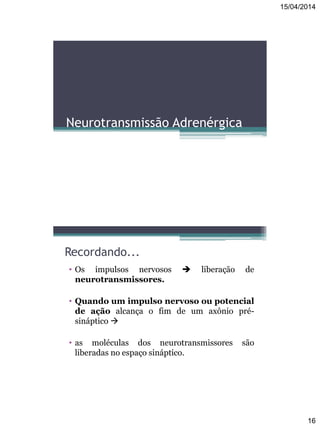 15/04/2014
16
Neurotransmissão Adrenérgica
Recordando...
• Os impulsos nervosos  liberação de
neurotransmissores.
• Quando um impulso nervoso ou potencial
de ação alcança o fim de um axônio pré-
sináptico 
• as moléculas dos neurotransmissores são
liberadas no espaço sináptico.
 